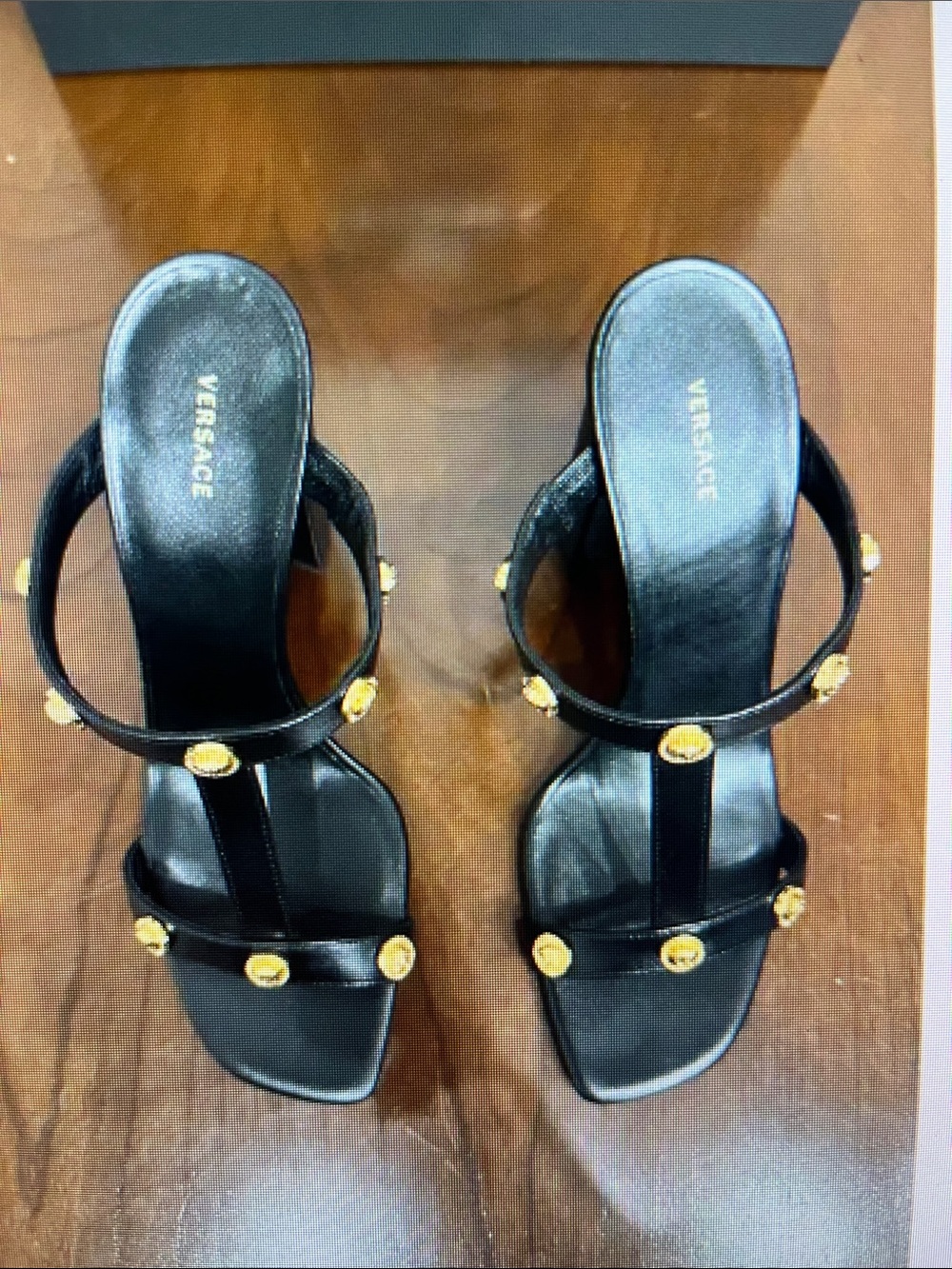 Versace Black Leather T-Strap Block Heel Mules with Gold Medallions - Picture 5 of 9